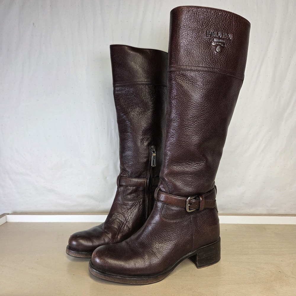 PRADA Brown Leather Logo Detail Block Heel Knee High Riding Boots 36 Made Italy